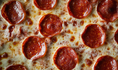 A macro shot of a pepperoni pizza, top view, close-up