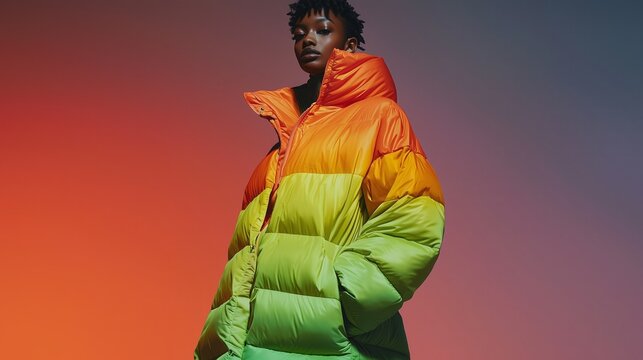 Bright and bold color fashion design showcased with vibrant outerwear against a gradient backdrop during a photoshoot
