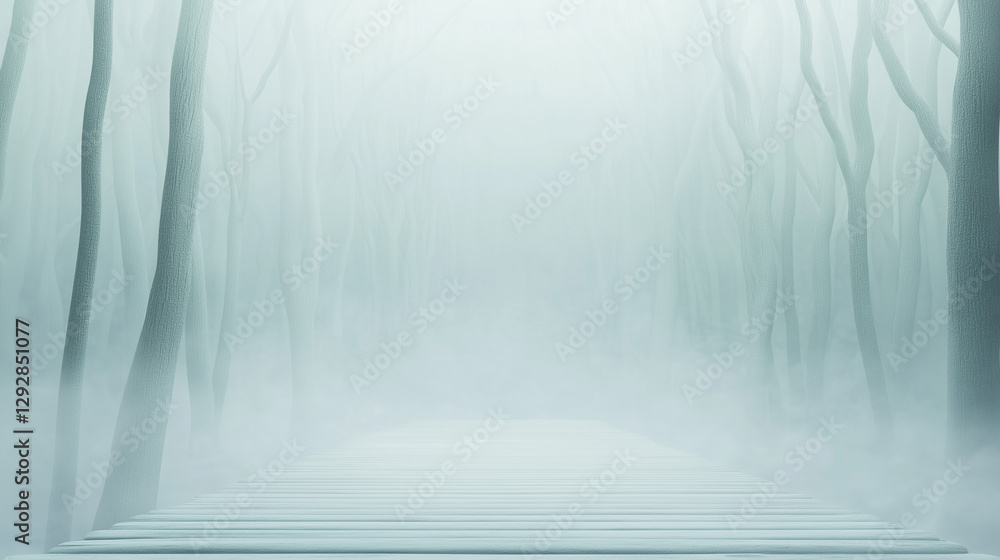 Poster mystical forest path: a tranquil, ethereal path winds through a misty forest, shrouded in an atmosph