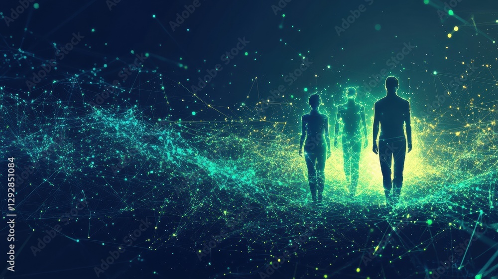 Poster Futuristic digital landscape featuring human silhouettes and floating matrix code in an abstract cybernetic world. Generative AI