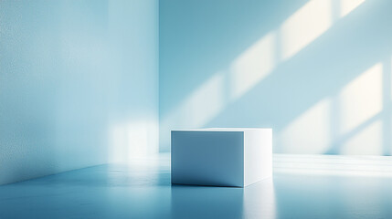 Fototapeta premium Simple minimalist white cube product display in blue room light 3d calm scene clean space studio