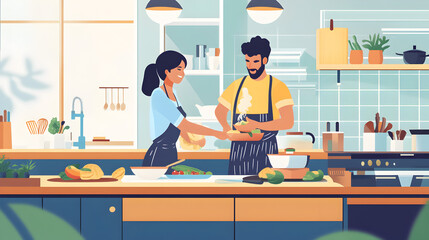 cooking together in the kitchen, preparing a delicious meal while enjoying each other's company on the weekend 