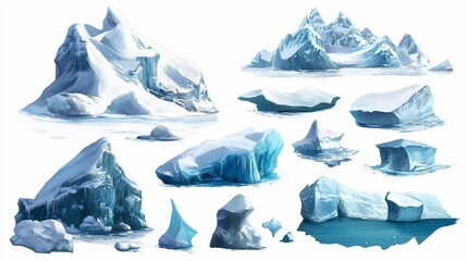 Collection of icebergs and snowy mountains on white background.