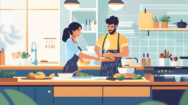 cooking together in the kitchen, preparing a delicious meal while enjoying each other's company on the weekend 