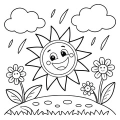 Cute Weather Scene Coloring Page with Happy Sun, Clouds, and Flowers