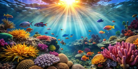 Vibrant Underwater Scene with Coral Reef and Colorful Marine Life