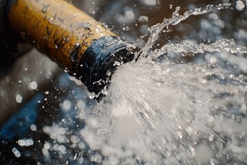 Burst water main with water spraying and pipe in focus