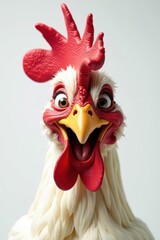 Crazy chicken head, comical expression, white backdrop , humorous, studio shot, rooster