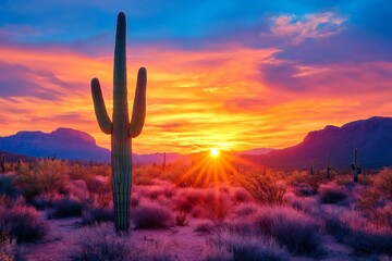 Saguaro cactus standing in the Arizona desert during a vibrant sunset