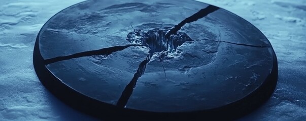 A cracked, circular object with a central hole, set against a blue-toned background.