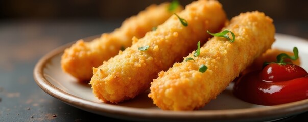 Crispy fried cheese sticks served with a rich marinara sauce, delicious, snack, mozzarella