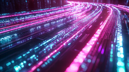 Obraz premium Abstract futuristic pink blue digital data stream lines background neon glow flow shiny light speed