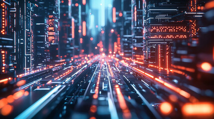 Obraz premium Futuristic cityscape digital art neon lights glowing orange and blue abstract technology background