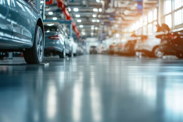 Obraz premium Car care center with electric lifts on epoxy floor offering new and vintage services repairs tires and batteries including Asian vehicles