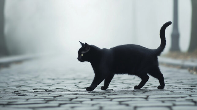 Mysterious Stroll of a Black Cat: An ebony-furred feline elegantly walks along a fog-laden, cobblestone path, creating an enigmatic scene.