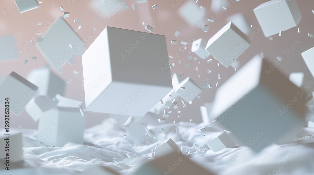 Poster abstract white cubes falling on soft white surface background image 3d art clean light style design