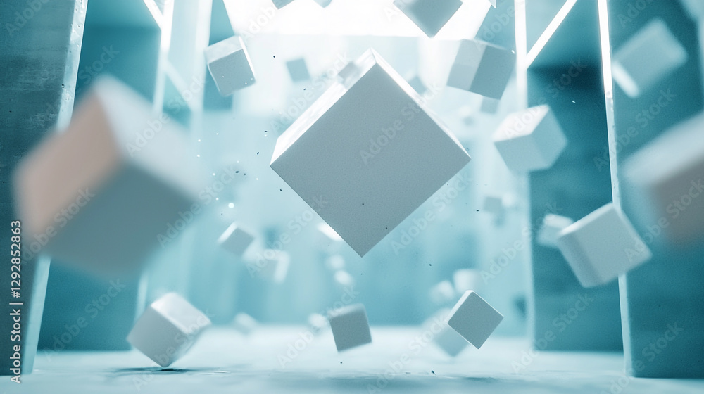 Poster abstract 3d rendering of white cubes falling in blue space modern minimalist design background image
