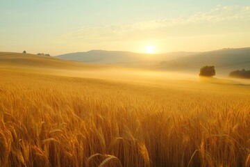 Obraz premium Golden sunrise illuminating vast wheat field covered by fog