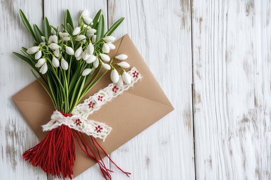 Card featuring spring snowdrop flowers and red and white martenitsa on a white wooden surface symbolizing the Martisor holiday and Baba Marta