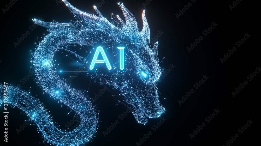 Poster ai dragon: a futuristic depiction of an ai dragon composed of shimmering blue particles, illuminated