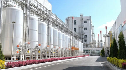 bio industrial facility with large silver storage tanks and clear blue sky. area is well maintained with colorful flowers lining pathway, creating vibrant atmosphere