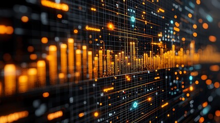 Data streams flow across digital network, server room background, financial analysis visualization