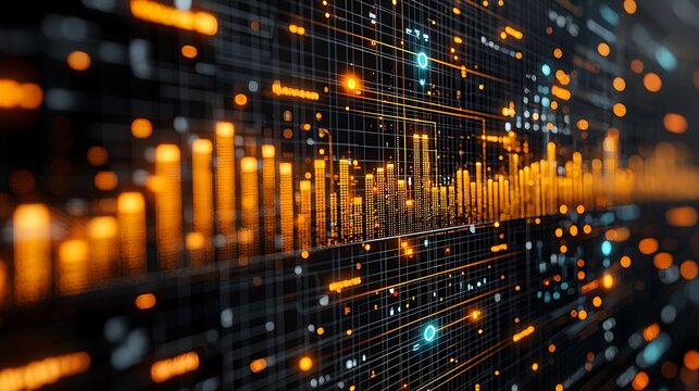 Data streams flow across digital network, server room background, financial analysis visualization