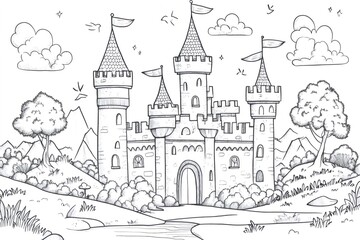 Obraz premium Majestic castle standing in a fantasy landscape with flags waving in the wind