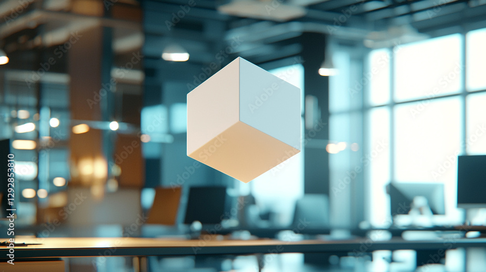 Poster modern office interior design with floating white cube abstract minimalist workspace background 3d