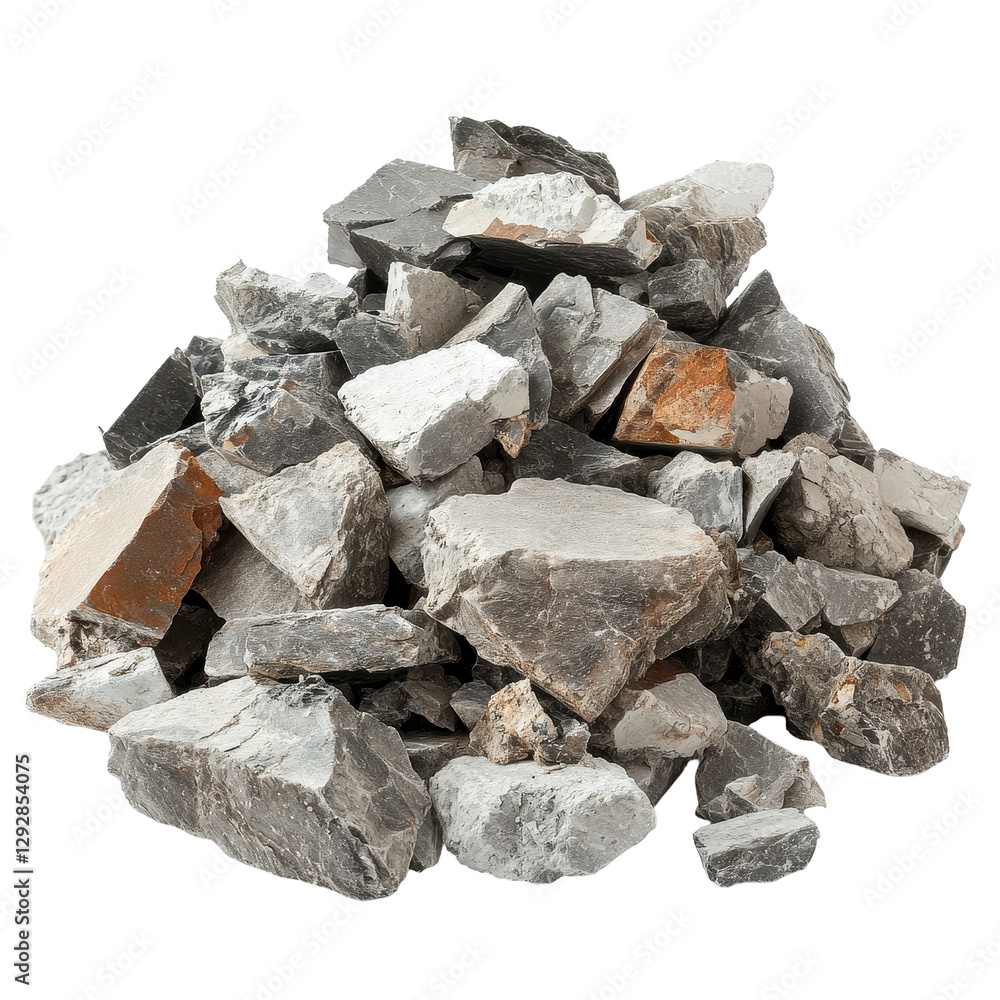 Poster rubble pile isolated on transparent background showcasing various stone textures and colors in const