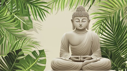 Serene Buddha Statue Amid Lush Green Tropical Leaves