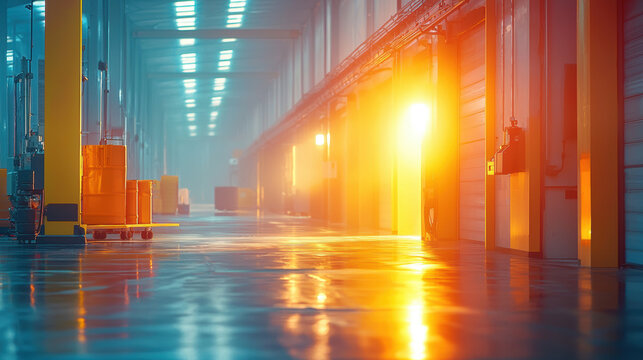 vibrant industrial hallway illuminated by warm sunlight, showcasing eco friendly design elements and clean, modern aesthetic. reflections on floor enhance serene atmosphere