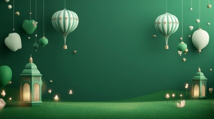 Happy Eid al Fitr. 3D Realistic Balloon Eid al Fitr. Eid Mubarak Poster Design with Ketupat and Lantern.