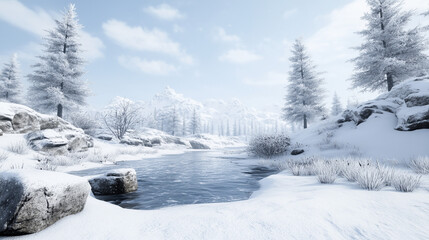 Winter Wonderland: A serene winter landscape featuring a tranquil icy lake surrounded by snow-covered trees, under a bright, slightly cloudy sky.