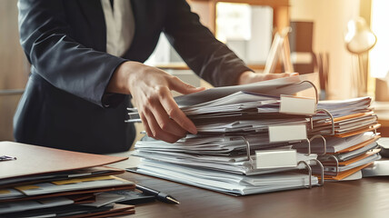 management of documents. Businesswoman searching and verifying corporate files using a stack of paper files, document accomplishments on office table folders, closeup 