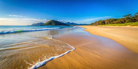 Obraz premium Serene Beachfront with Gentle Waves and Lush Green Mountains