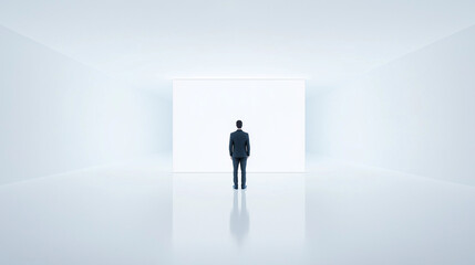 Obraz premium Visionary Contemplation: A lone figure, silhouetted in a starkly minimalist setting, gazes towards a bright, undefined future, evoking a sense of introspection, aspiration.