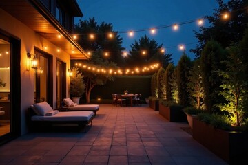 Obraz premium Elegant outdoor space at night, illuminated by warm string lights, table, event space