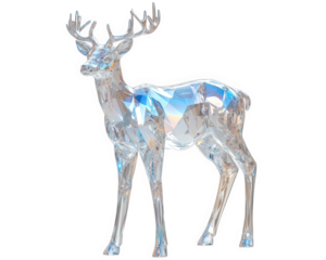 crystalline deer statue with translucent body, exuding serenity and elegance. intricate design captures light beautifully, creating stunning visual effect