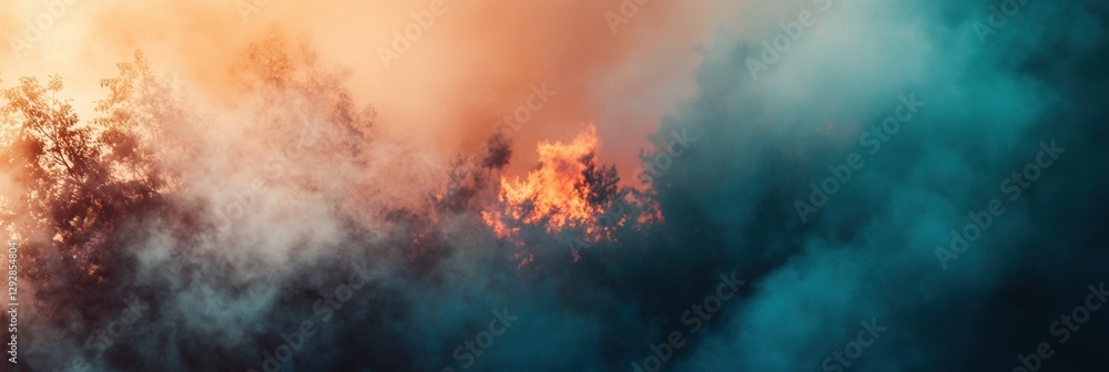 Poster forest engulfed in flames with thick smoke rising against a warm sky and space for additional text. 