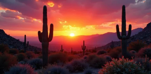 Fototapeten Fiery sunset illuminates majestic saguaro cacti in Arizona desert , stock, flora, landscape © Pornchai