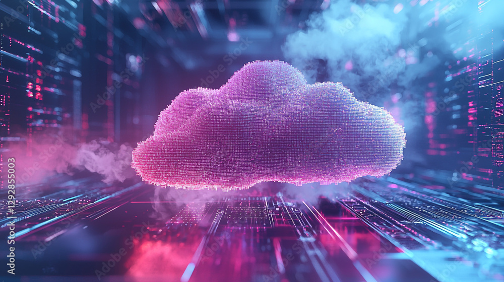 Poster abstract digital cloud computing network data technology concept neon pink blue glow code cyber pixe