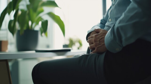 Abdominal pain from stress, a person sitting at a desk with their hand on their stomach. Featuring discomfort and mindfulness