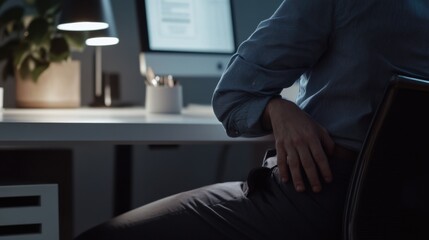 Abdominal pain from stress, a person sitting at a desk with their hand on their stomach. Featuring discomfort and mindfulness