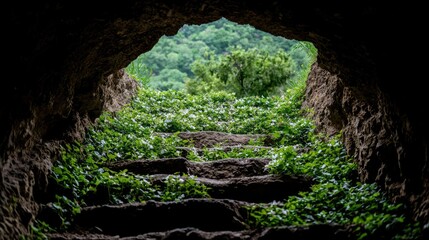 Cave exit stone steps nature view, travel exploration