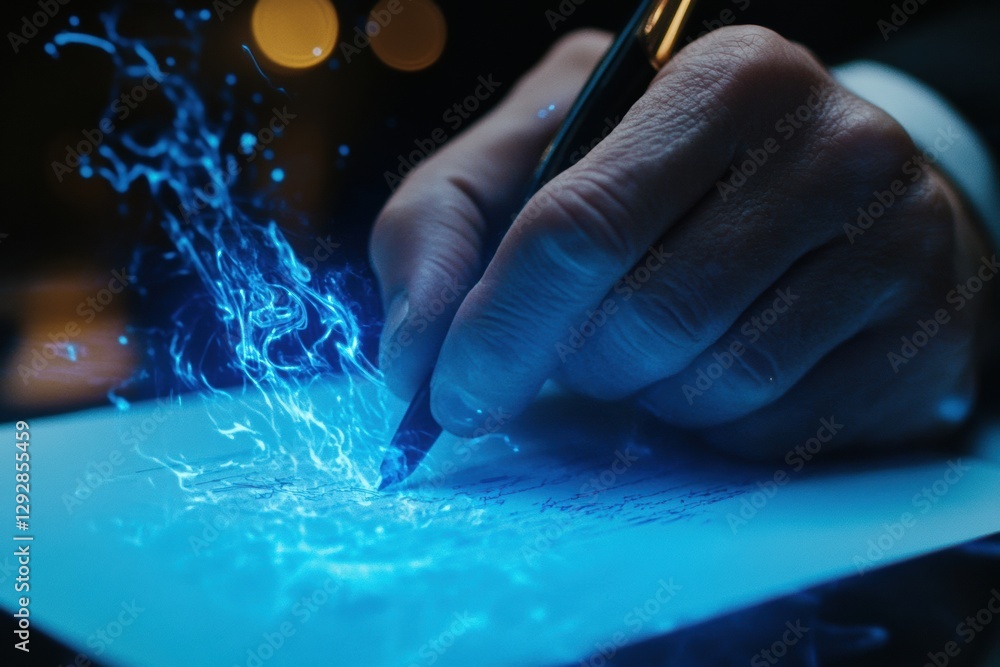 Poster signing a document with a glowing pen in a dimly lit office setting at night. generative ai