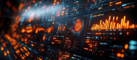 Fototapeta premium Futuristic digital interface with glowing orange and blue data streams, charts, and graphs.