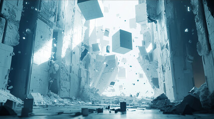 Abstract futuristic cityscape destruction scene with falling cubes and debris 3d fi art sci blue grey