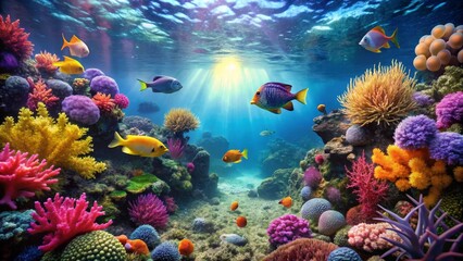Vibrant Underwater Scene Showcases a Thriving Coral Reef Ecosystem with Colorful Fish and Diverse Marine Life
