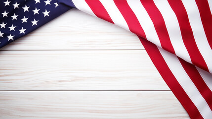 Fototapeta premium American Flag on Wooden Surface: A corner view of the flag of the United States, its stars and stripes displayed with pride and a sense of patriotism.